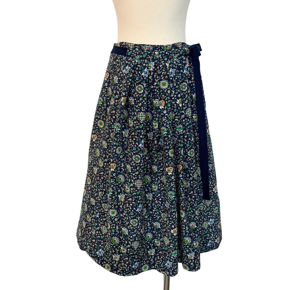 Tory Burch Silk Pleated Wrap Midi Skirt Navy Floral Multicolor Size 6
